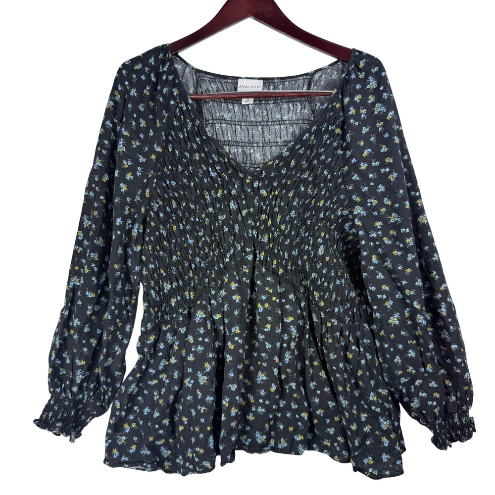 Ava & Viv Smocked Peplum Blouse Womens 1X Black Floral Boho Cottagecore Romantic